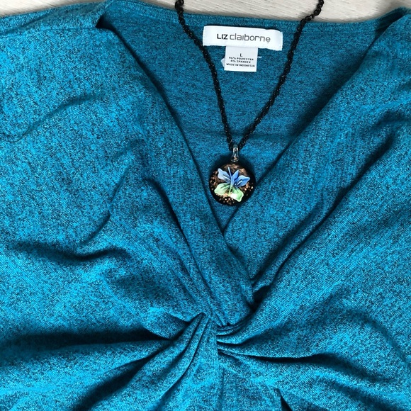 Liz Claiborne Teal Twist Front V-Neck Top Size Large - Picture 3 of 5